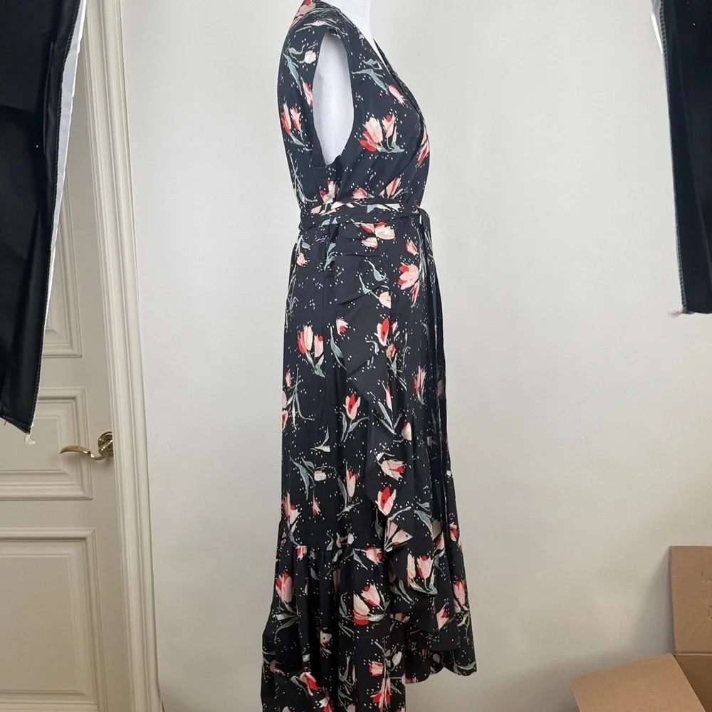Rebecca Taylor Ikat Tulip Wrap Dress Tie Waist Black Floral Poplin Ruffles Sz 12